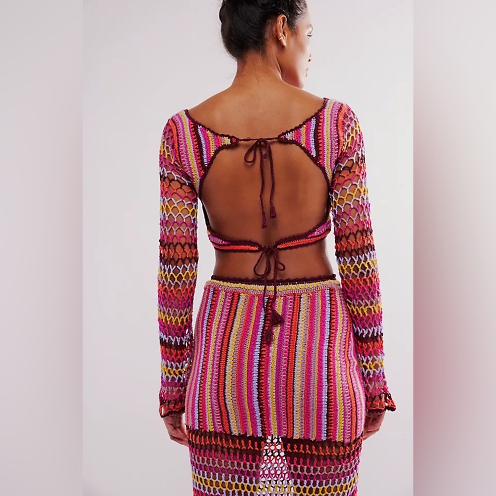 Free People Bali Sunrise Boho Crochet Knit Maxi Skirt and Long Sleeve Top Set - Picture 7 of 12